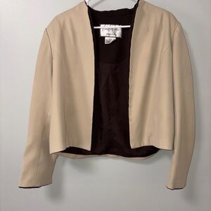 Mary McFadden Vtg Cream/Tan Cropped Open Front Blazer Jacket Brown Lining Sz 12